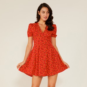 Người phụ nữ gợi cảm Deep V Red Swing Hoa boho Vintage Casual Dress