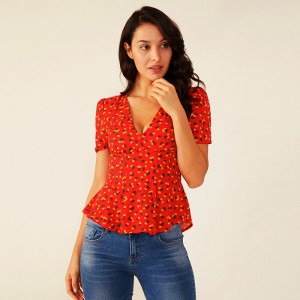 Phụ nữ Deep V Summer Red Ruffle Hoa In áo